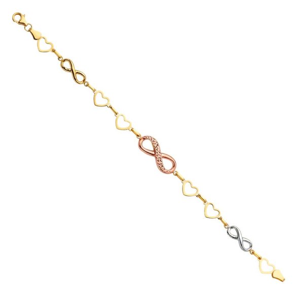 14 KT Gold Fancy Three Tone Bracelet with Infinity and Love